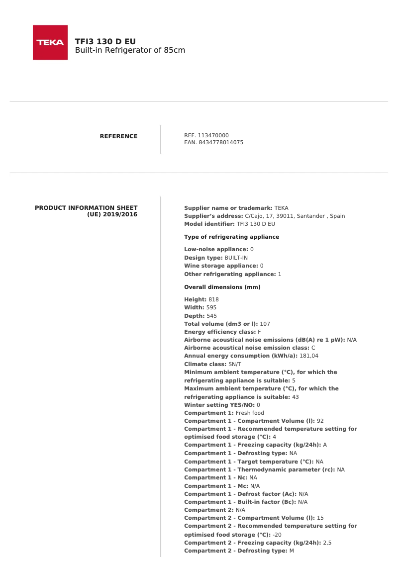 Página 1 del manual Ficha técnica Teka TFI3 130 D