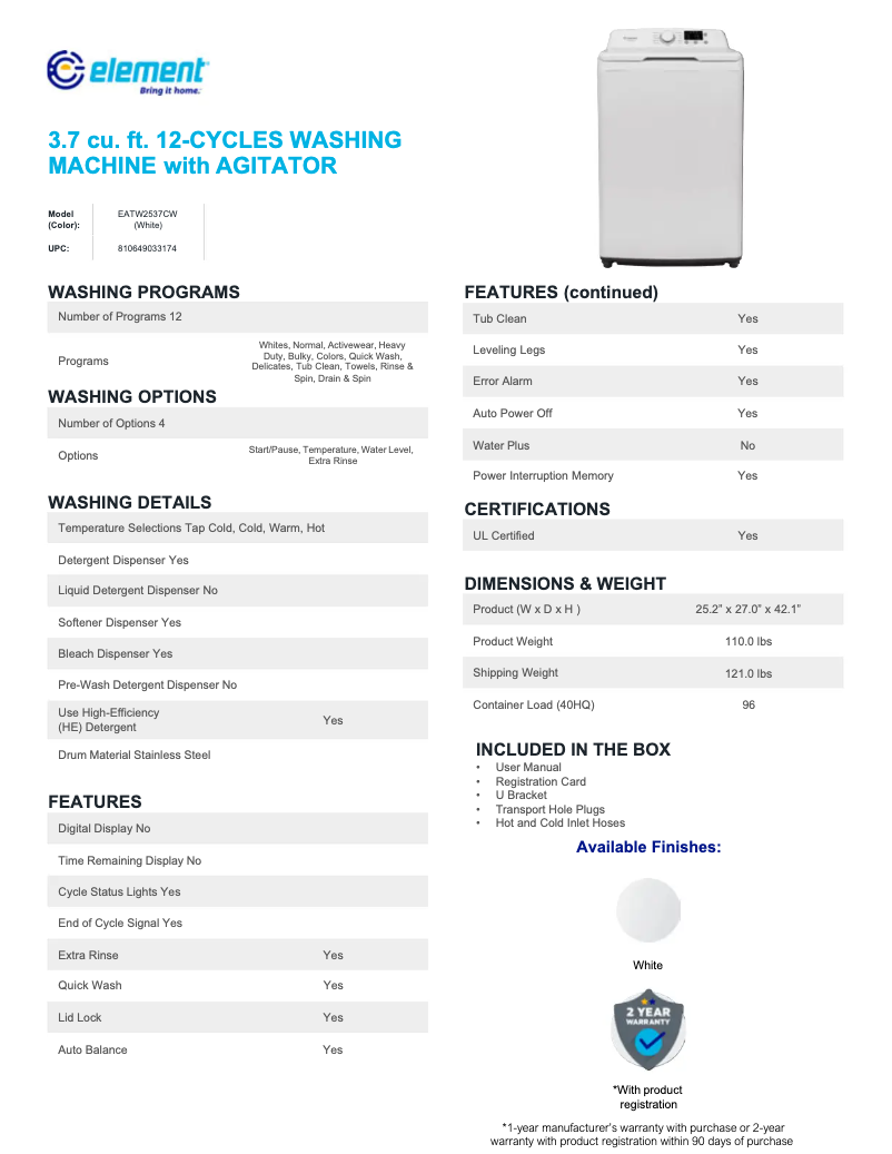Página 1 del manual Ficha técnica Element EATW2537CW