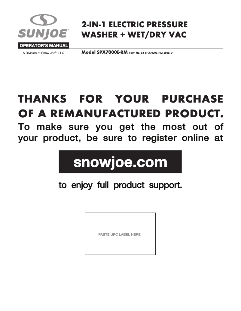 Página nº 1 - Manual de usuario Sun Joe SPX7000E-RM