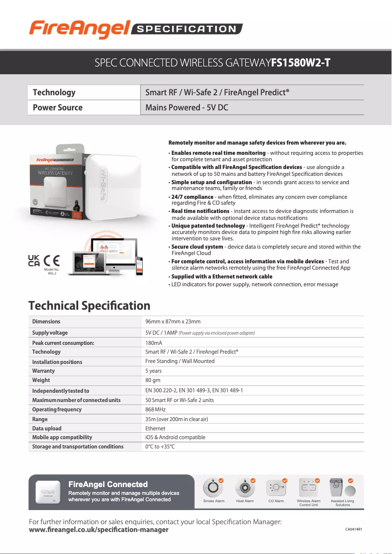 Página 1 del manual Ficha técnica FireAngel WG-2