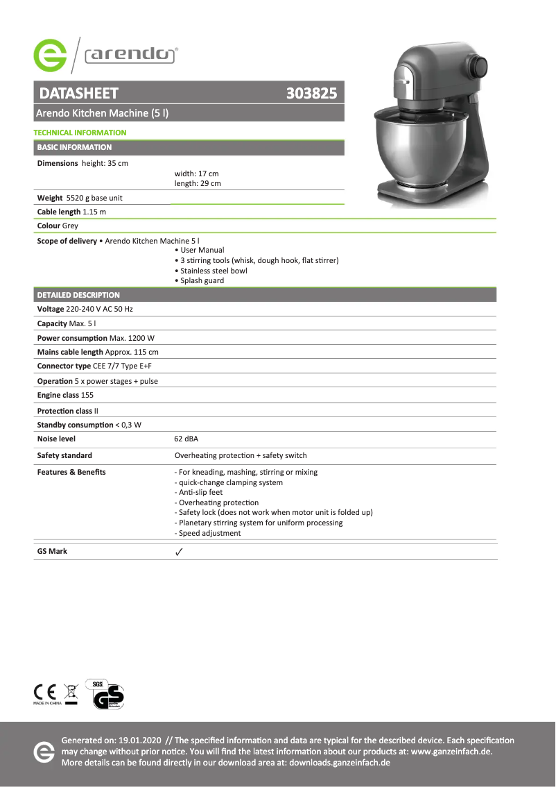 Página 1 del manual Ficha técnica Arendo 303825