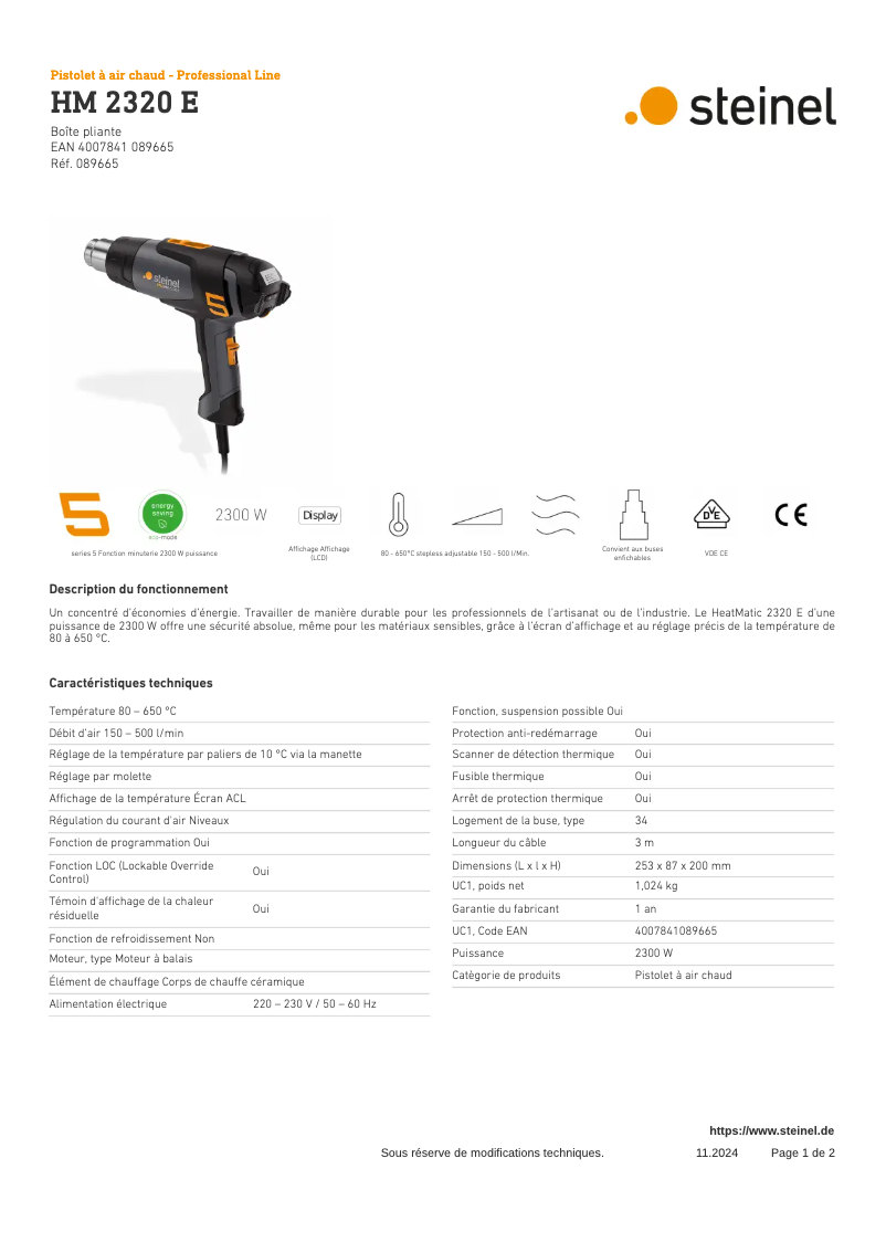 Página 1 del manual Ficha técnica Steinel HM 2320 E