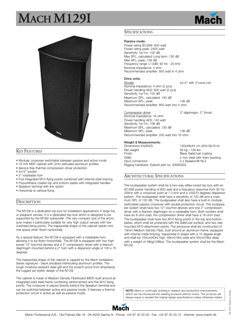 Página 1 del manual Ficha técnica Martin M129i