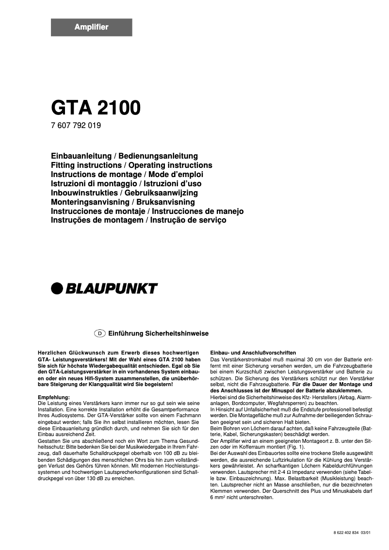 Página 1 del manual Manual de usuario Blaupunkt GTA 2100