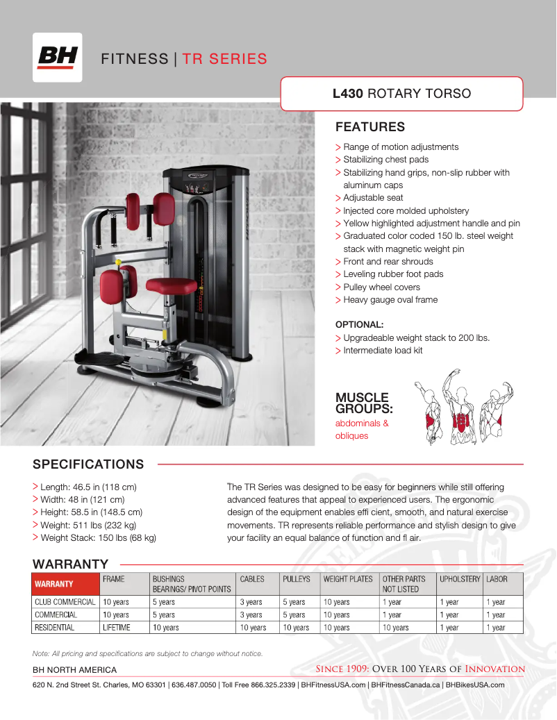 Página 1 del manual Ficha técnica BH Fitness L430