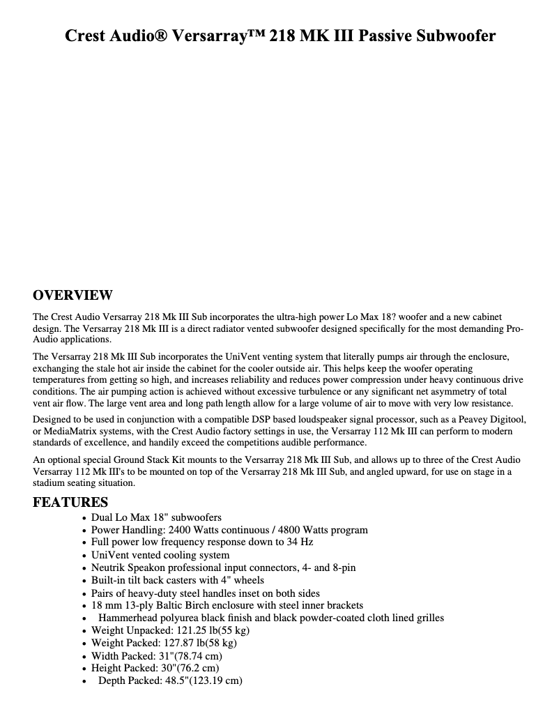 Imagen de la primera página del manual del dispositivo Versarray 218 MKIII