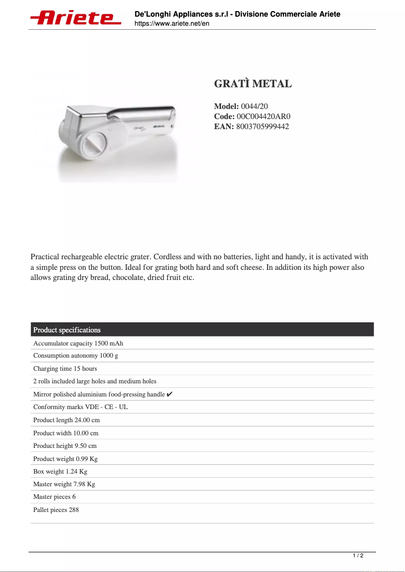 Página 1 del manual Manual de usuario Ariete Gratì Metal 0044