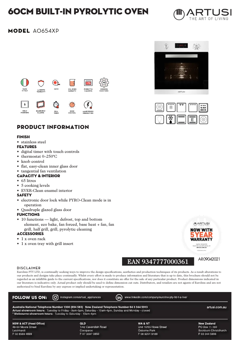 Página 1 del manual Ficha técnica Artusi AO654XP