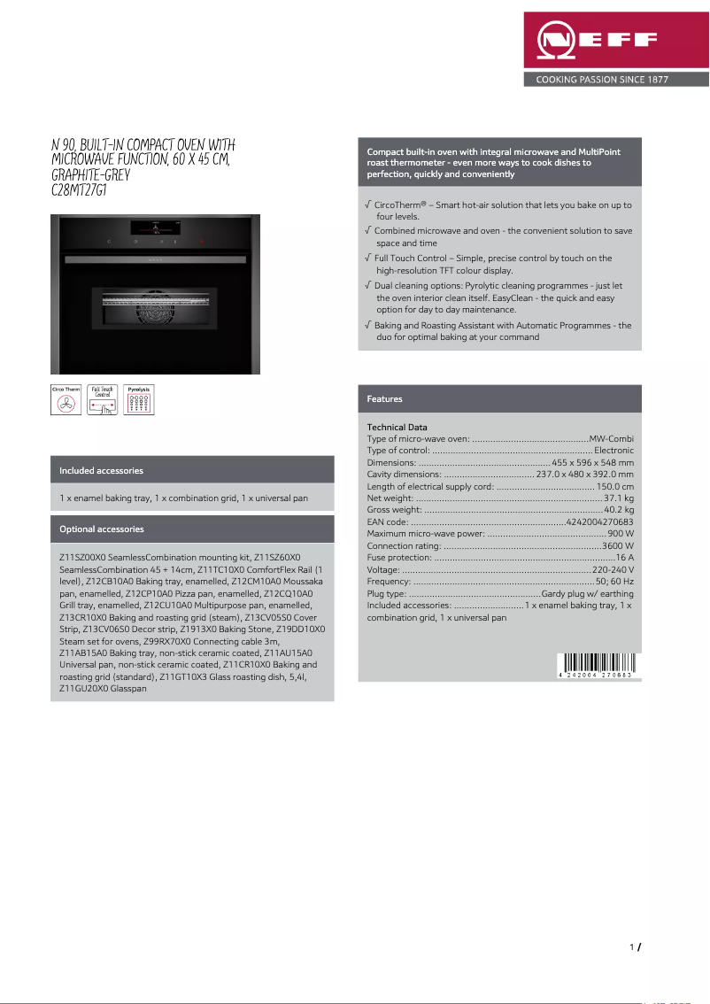 Página 1 del manual Ficha técnica Neff C28MT27G1