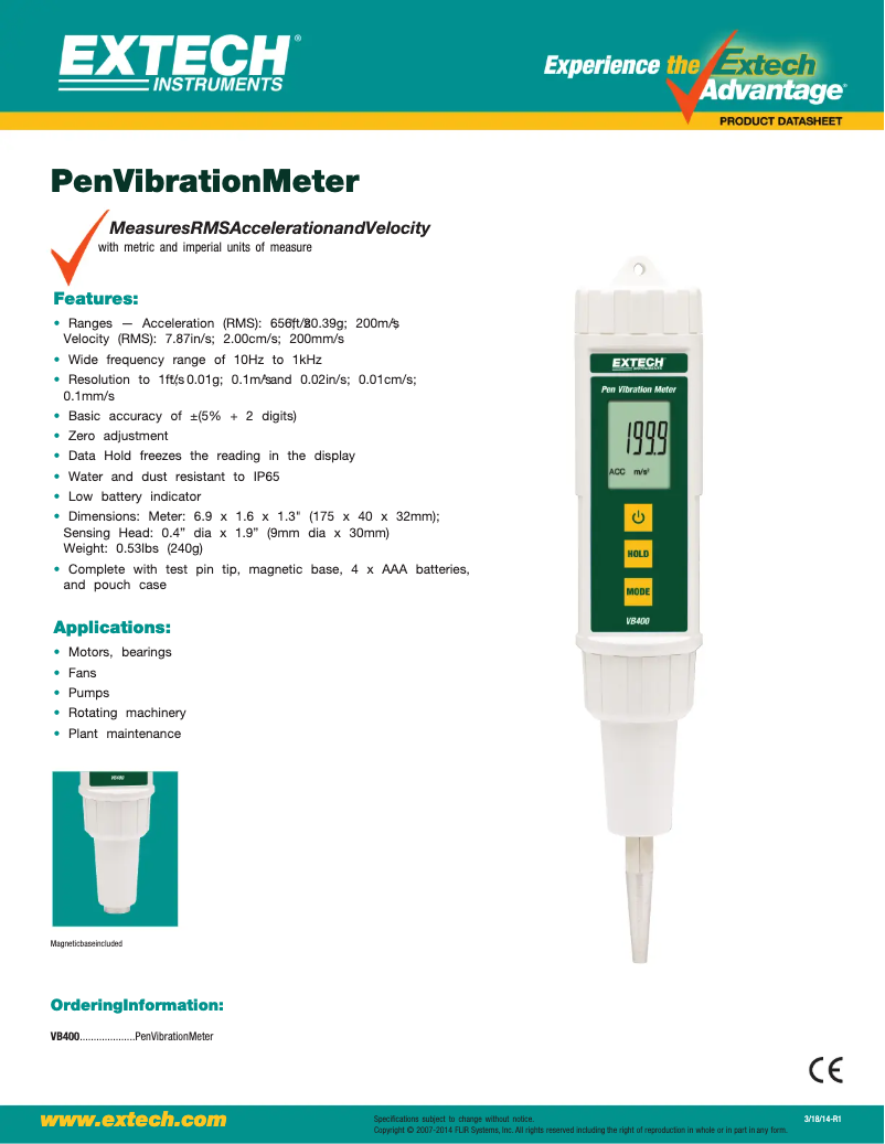 Página 1 del manual Ficha técnica Extech VB400