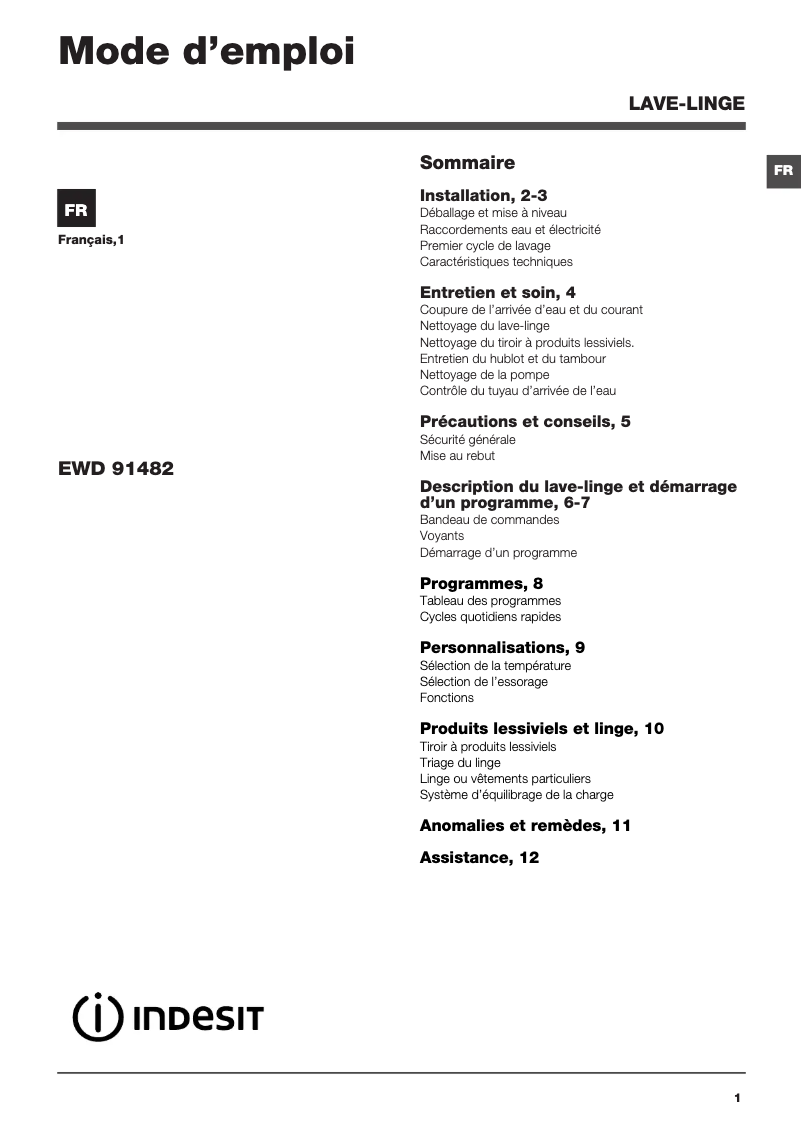 Página 1 del manual Manual de usuario Indesit EWD 91482 W FR