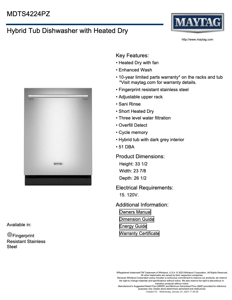 Página 1 del manual Ficha técnica Maytag MDTS4224PZ