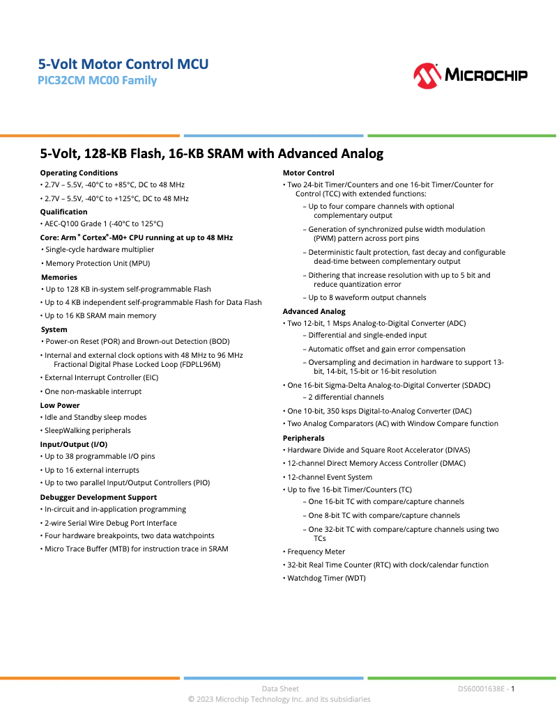 Imagen de la primera página del manual del dispositivo PIC32CM1216MC00048