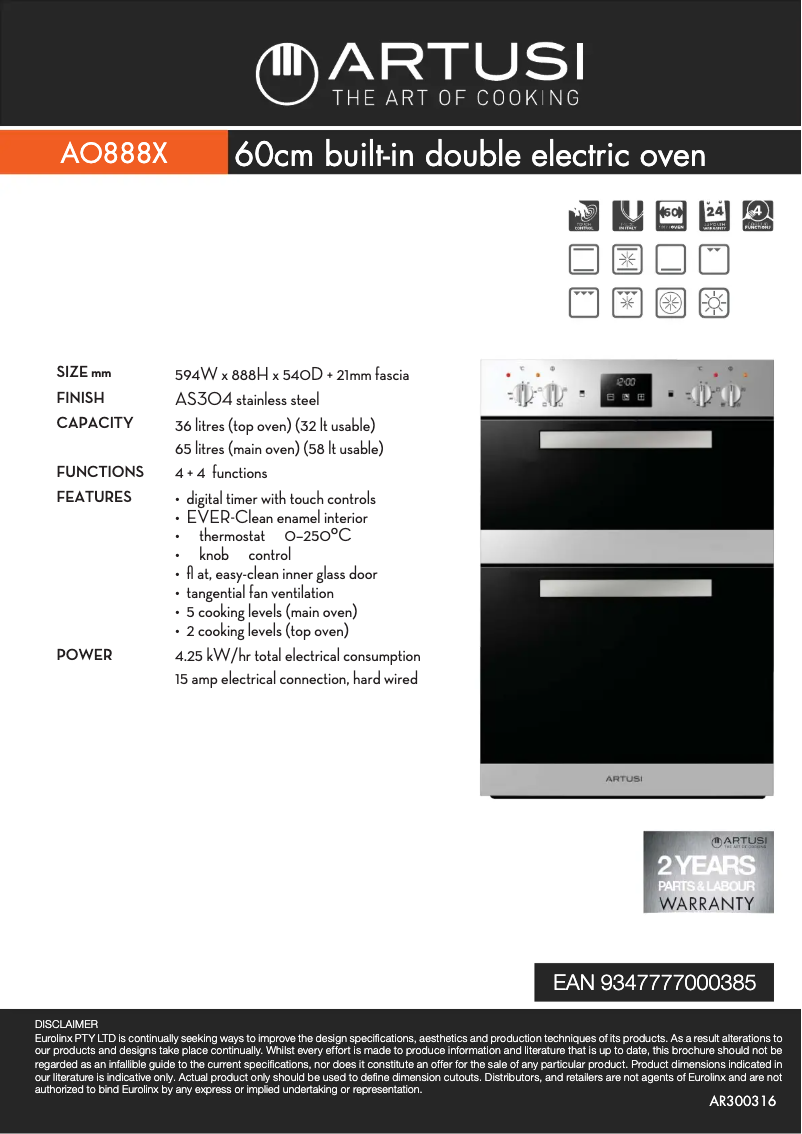 Página 1 del manual Ficha técnica Artusi AO888X