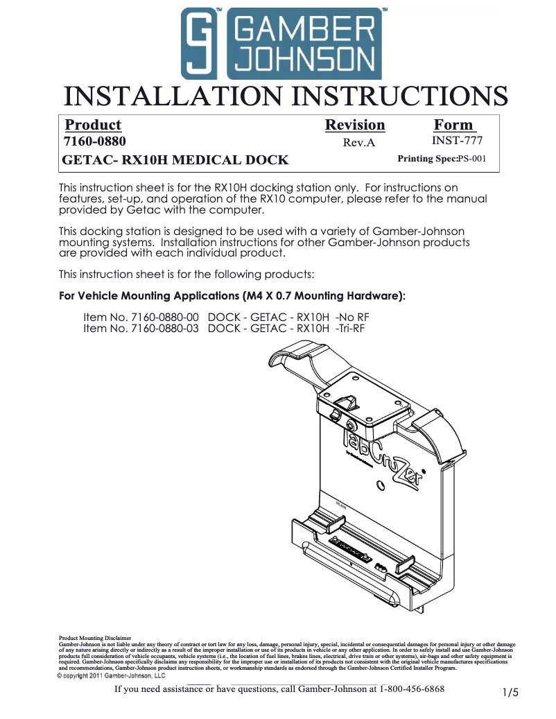 Página 1 del manual Manual de usuario Gamber-Johnson 7160-0880