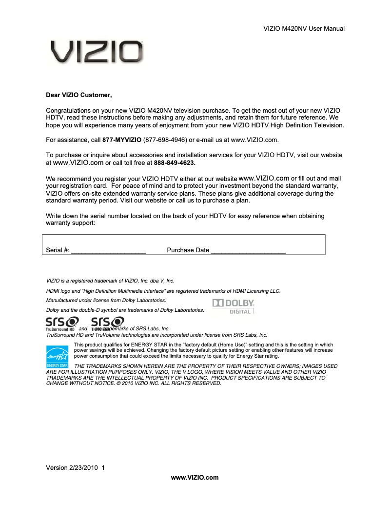 Imagen de la primera página del manual del dispositivo M420NV