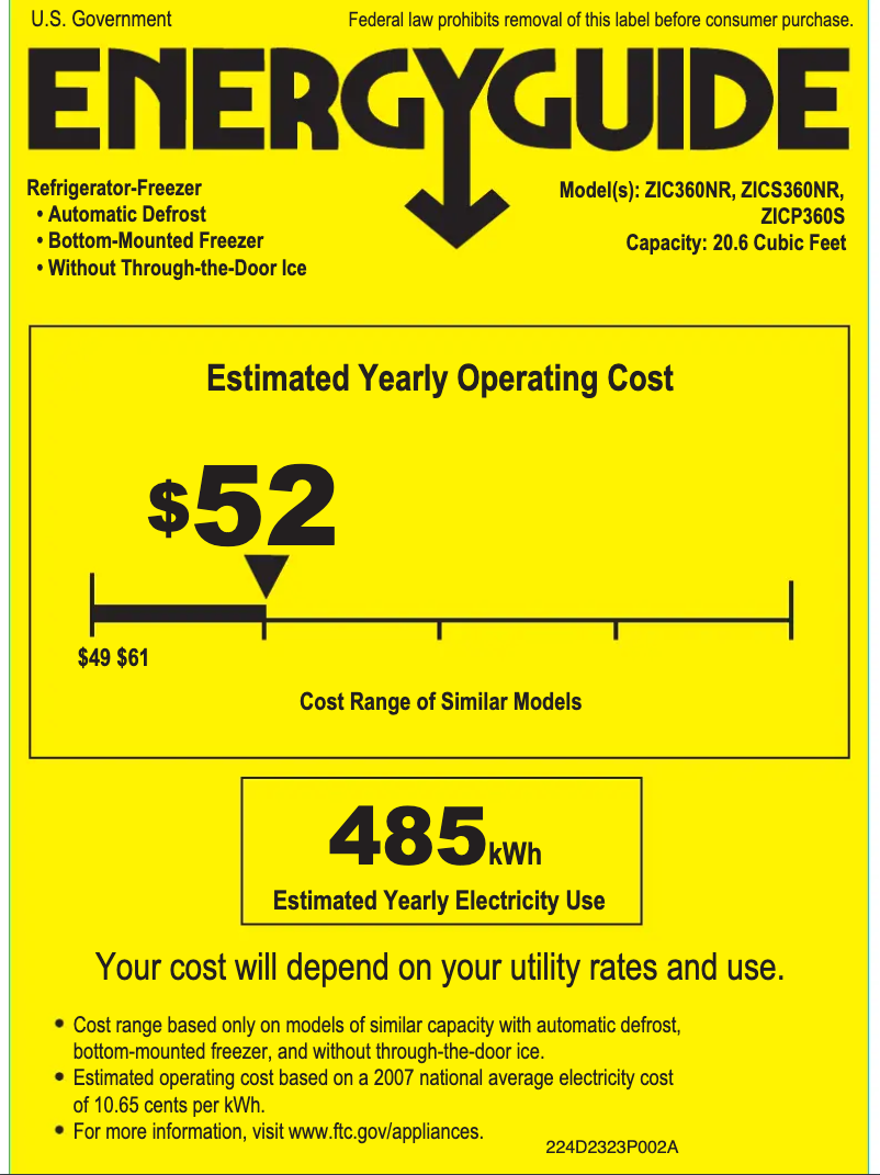 Página 1 del manual Etiqueta energética GE ZICS360NRRH