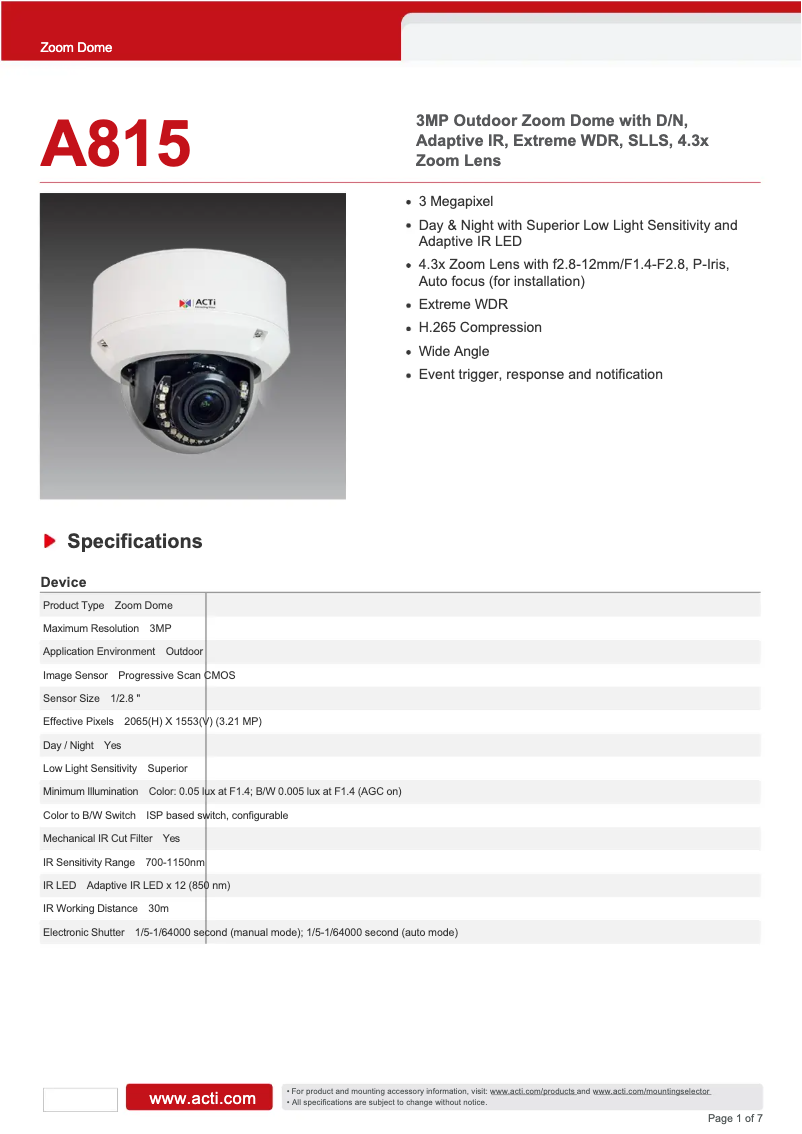 Página nº 1 - Ficha técnica ACTi A815