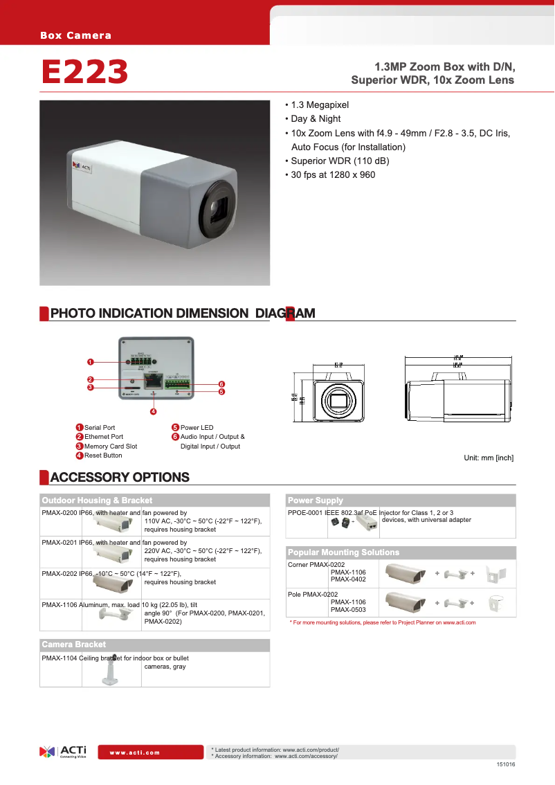 Página 1 del manual Ficha técnica ACTi E223