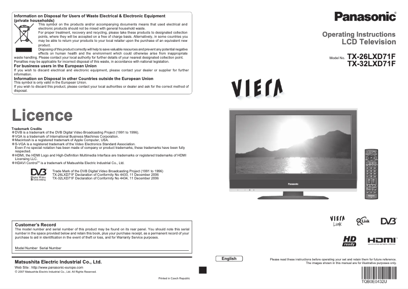 Imagen de la primera página del manual del dispositivo Viera TX-26LXD71F