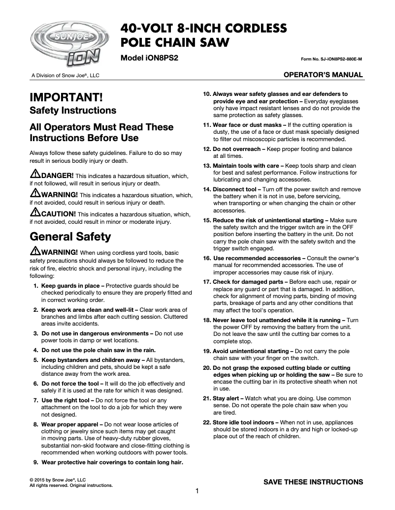 Página 1 del manual Manual de usuario Sun Joe iON8PS2