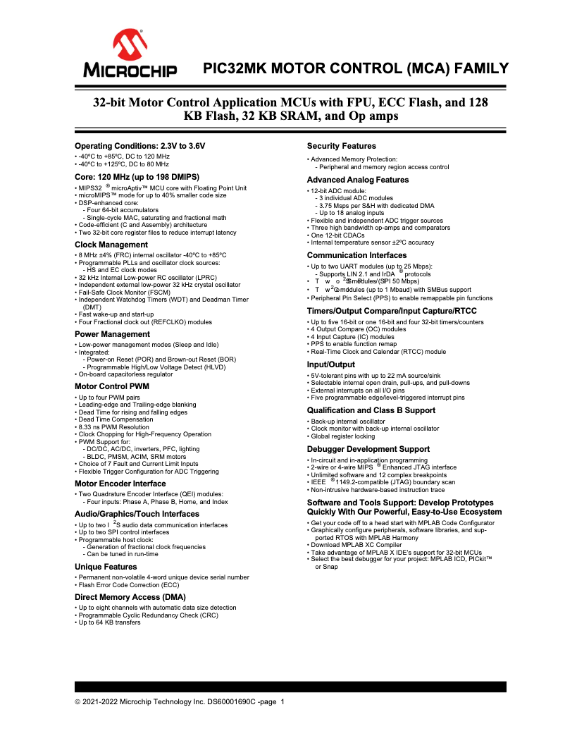 Imagen de la primera página del manual del dispositivo PIC32MK0128MCA032