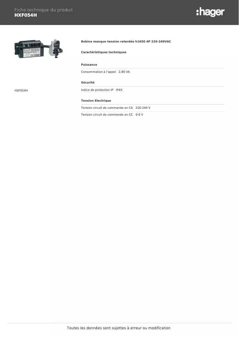 Página 1 del manual Ficha técnica Hager HXF054H