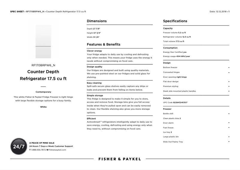 Página 1 del manual Ficha técnica Fisher & Paykel RF170BRPW6_N