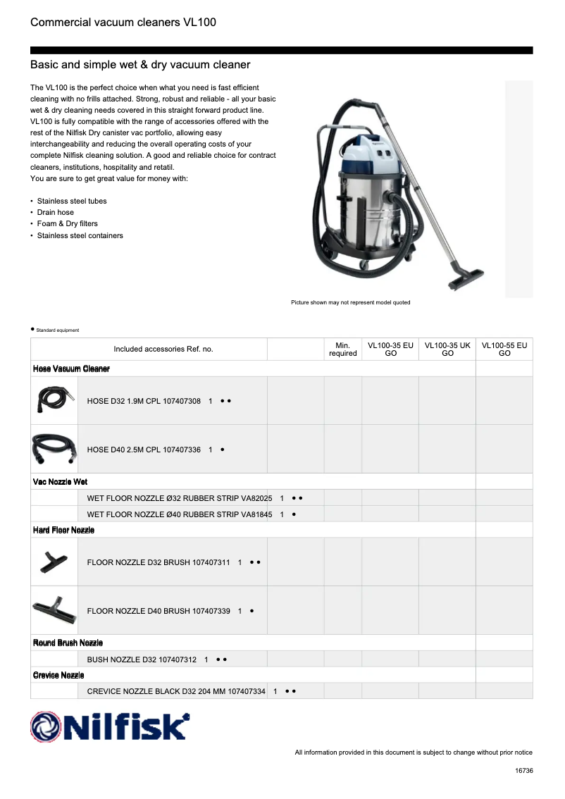 Página 1 del manual Ficha técnica Nilfisk VL100