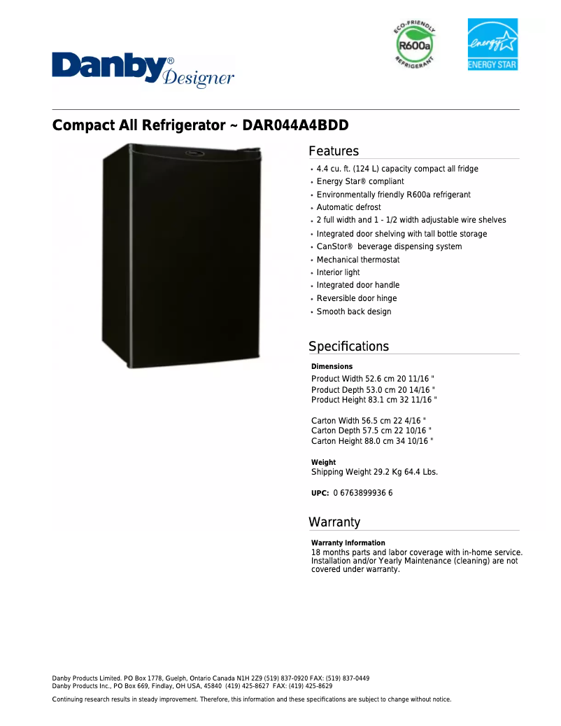 Página nº 1 - Ficha técnica Danby DAR044A4BDD