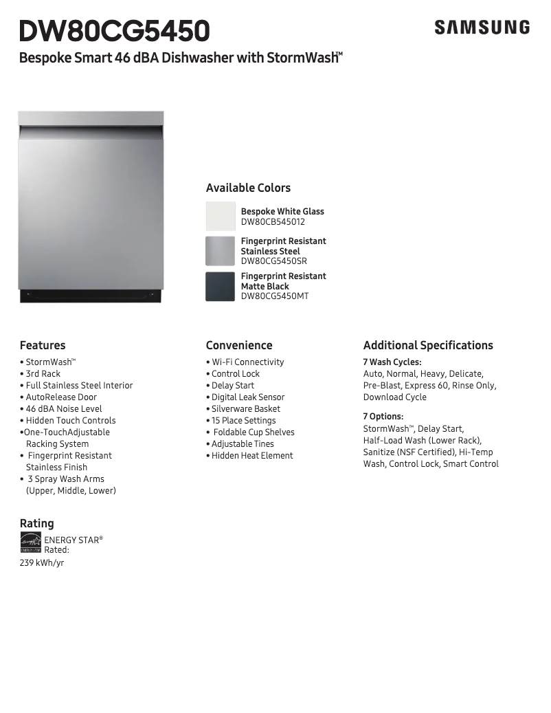 Página 1 del manual Ficha técnica Samsung DW80CG545