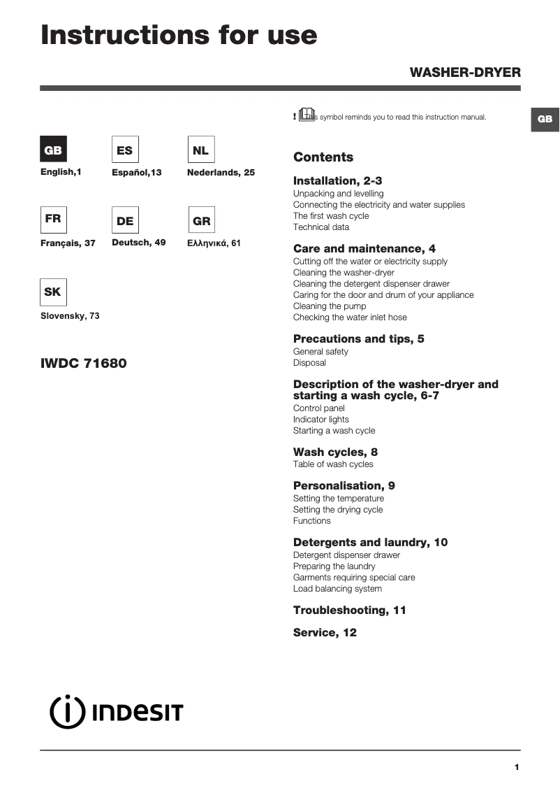 Página 1 del manual Manual de usuario Indesit IWDC 71680 ECO