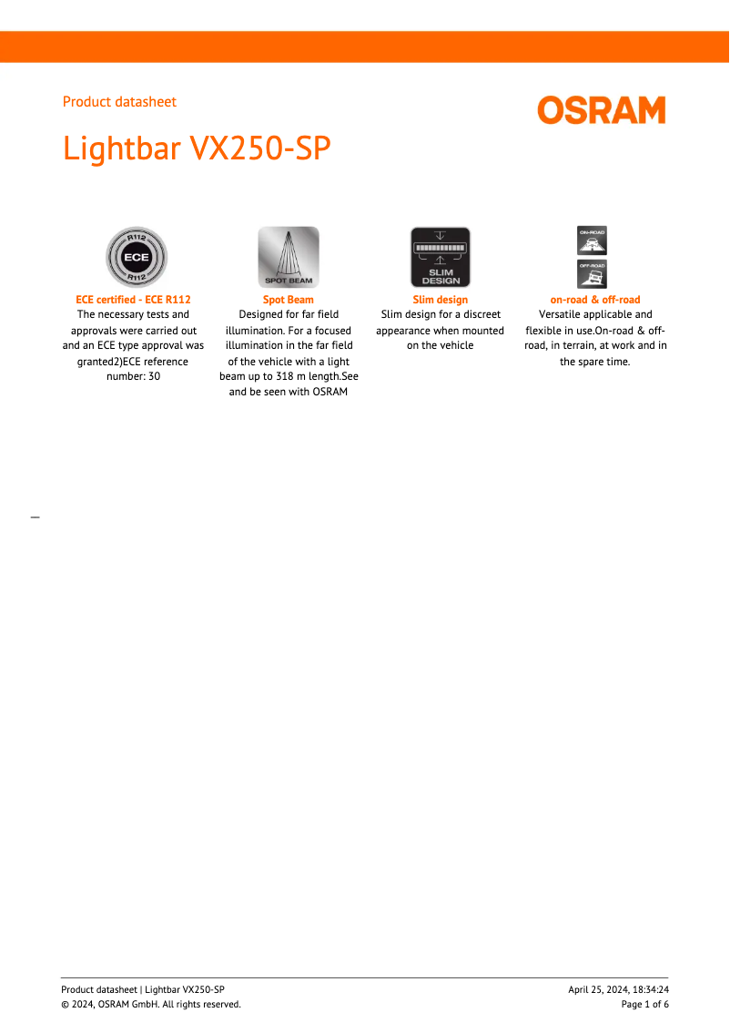 Página 1 del manual Ficha técnica Osram VX250-SP