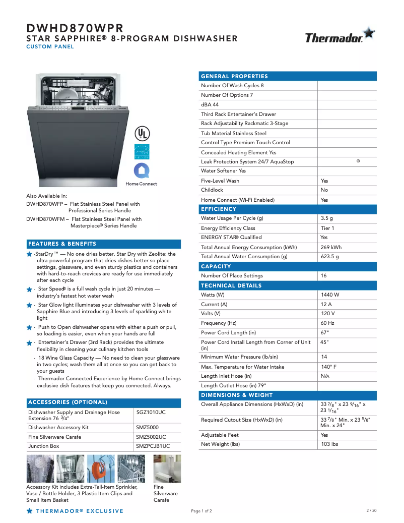 Página 1 del manual Ficha técnica Thermador DWHD870WPR