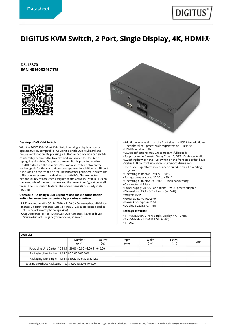 Página 1 del manual Ficha técnica Digitus DS-12870