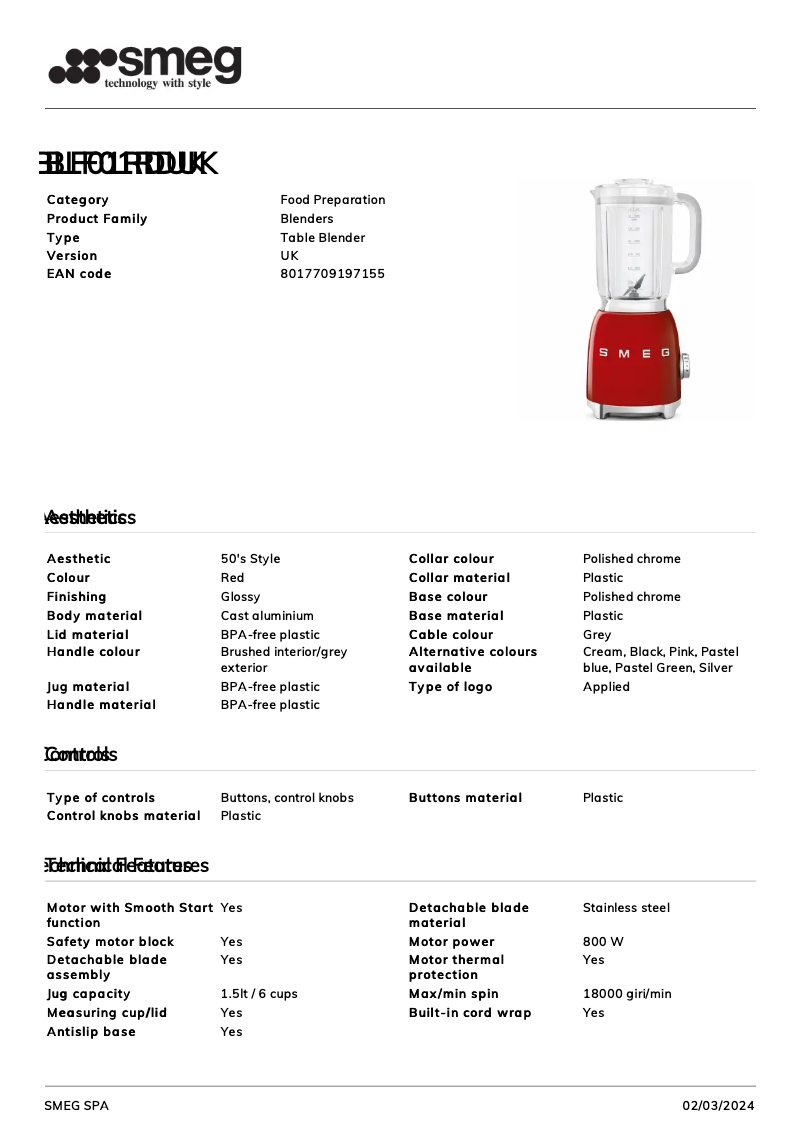 Página 1 del manual Ficha técnica Smeg BLF01