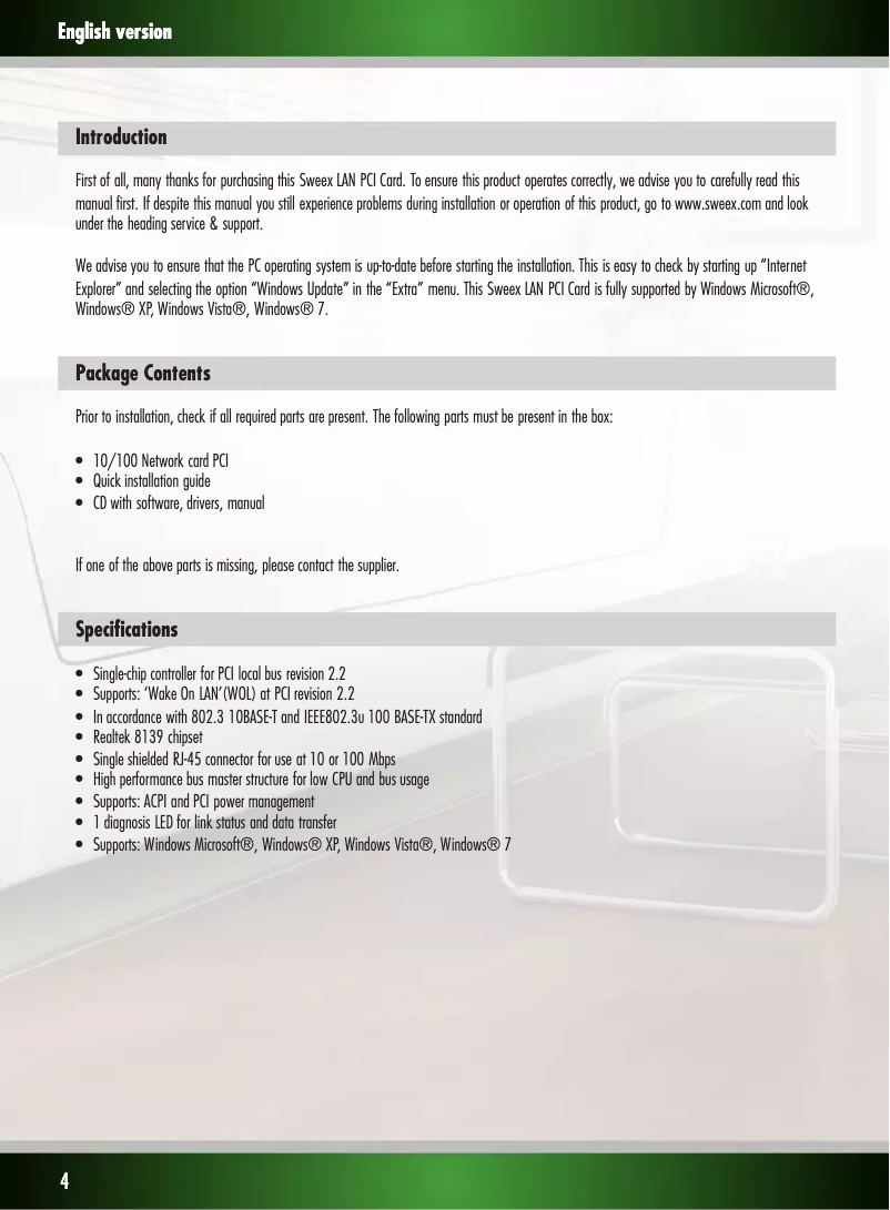 Imagen de la primera página del manual del dispositivo LAN PCI Network Card 10/100 Mbps