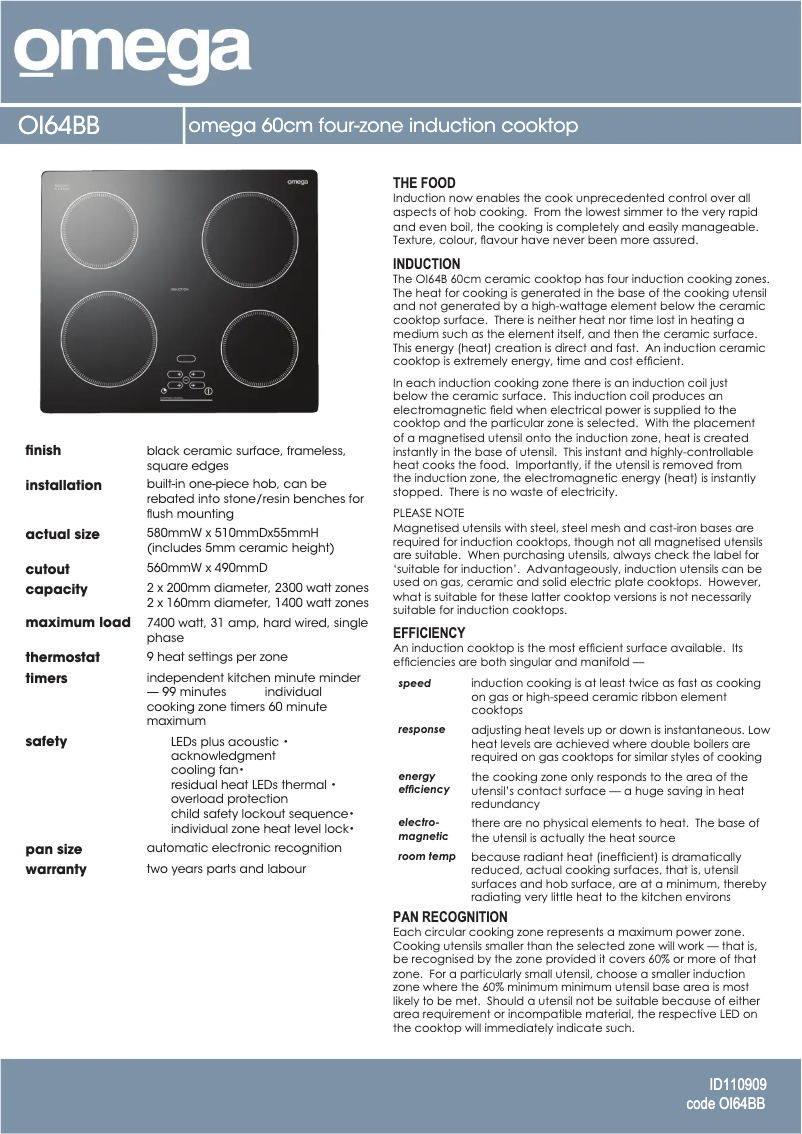 Página 1 del manual Ficha técnica Omega OI64BB