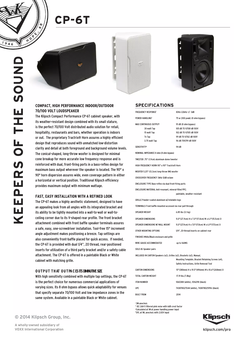 Página 1 del manual Ficha técnica Klipsch CP-4T