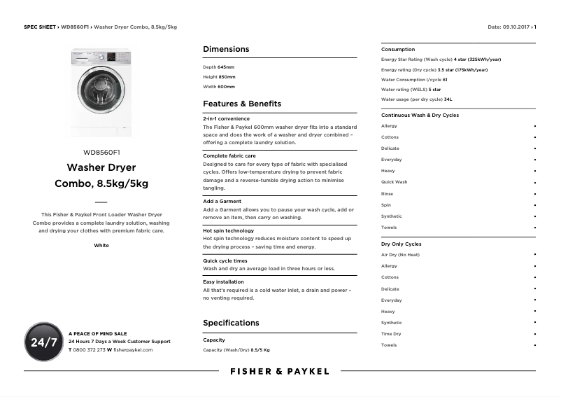 Página 1 del manual Ficha técnica Fisher & Paykel WD8560F1
