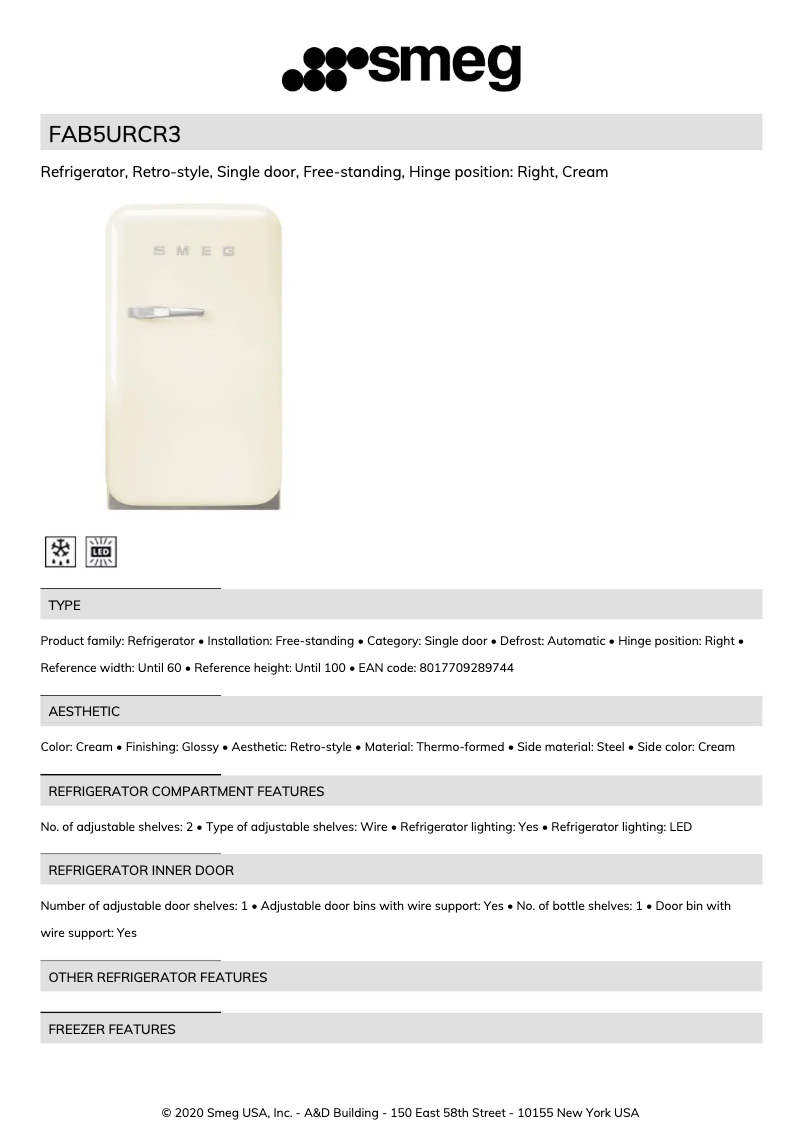 Página 1 del manual Ficha técnica Smeg FAB5URCR3