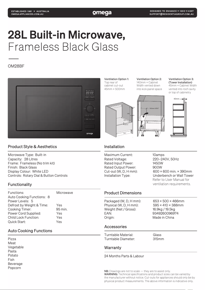 Página 1 del manual Ficha técnica Omega OM28BF