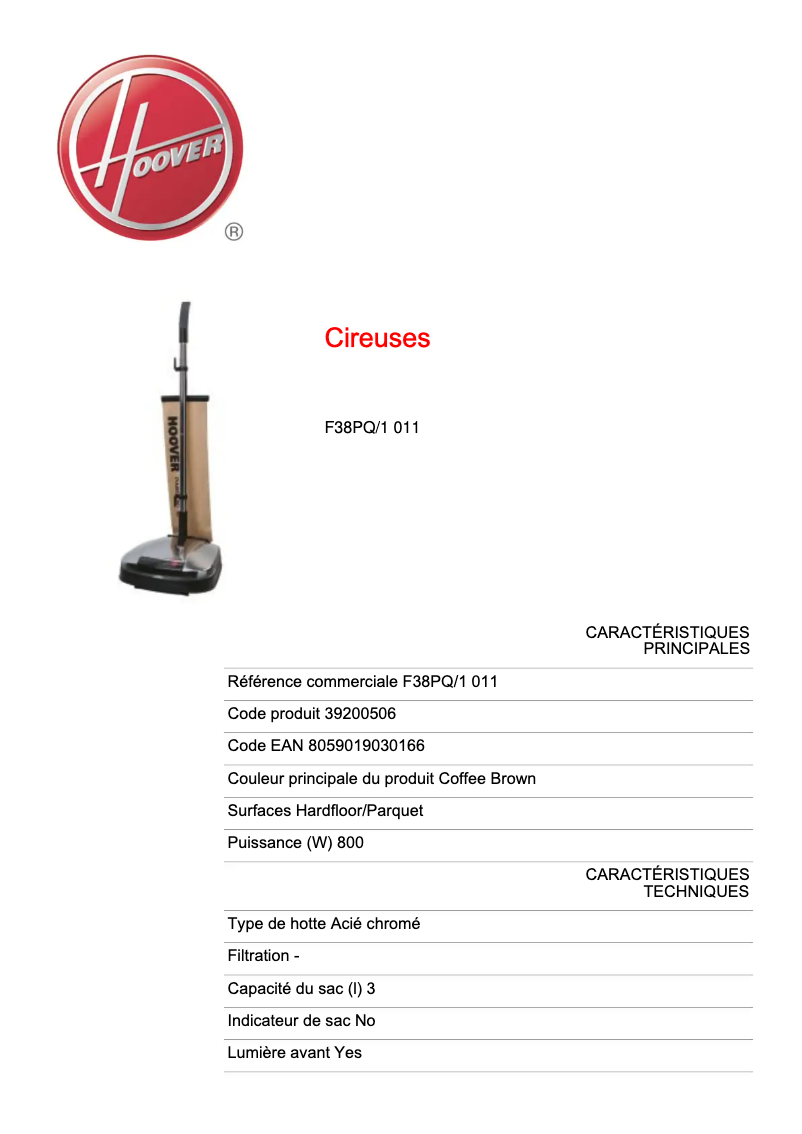 Página nº 1 - Ficha técnica Hoover F38 PQ