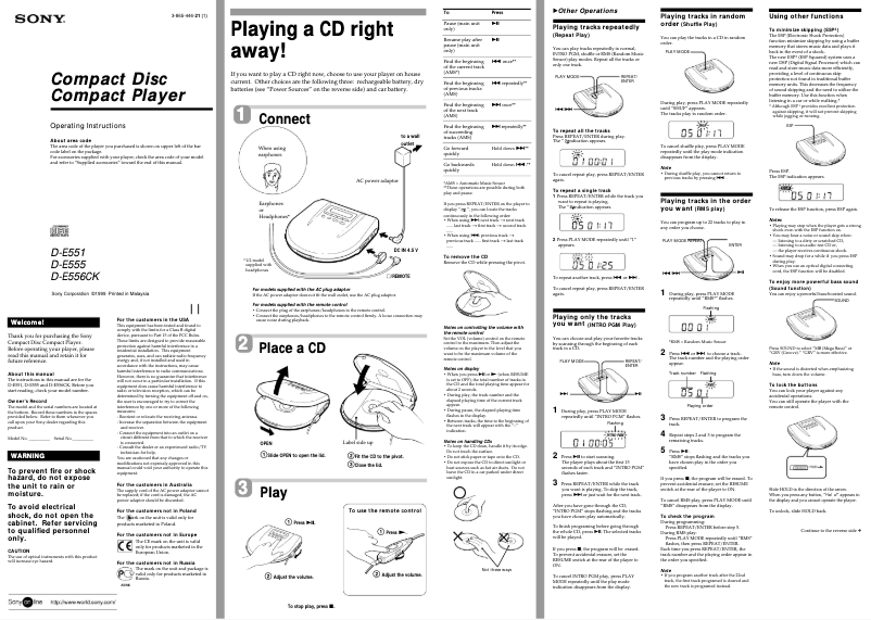 Página nº 1 - Manual de usuario Sony Discman D-E551