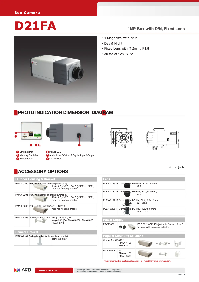 Página 1 del manual Ficha técnica ACTi D21FA