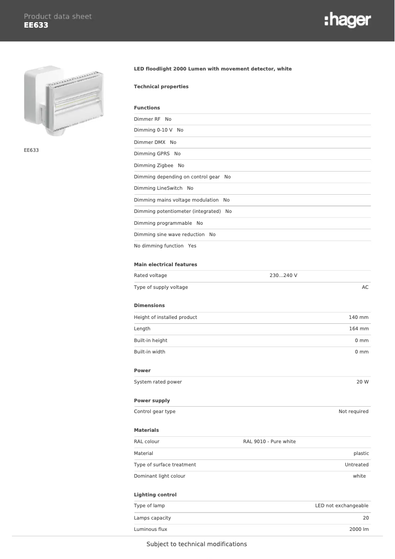 Página 1 del manual Ficha técnica Hager EE633