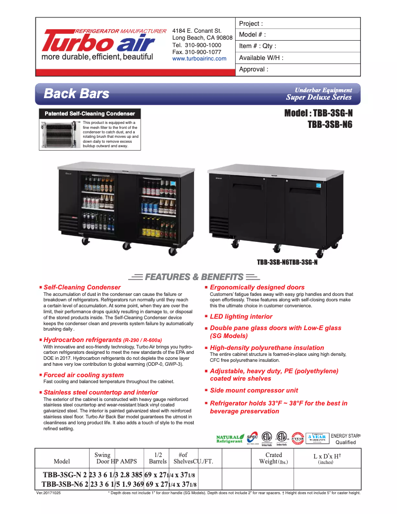 Página 1 del manual Ficha técnica Turbo air TBB-3SB
