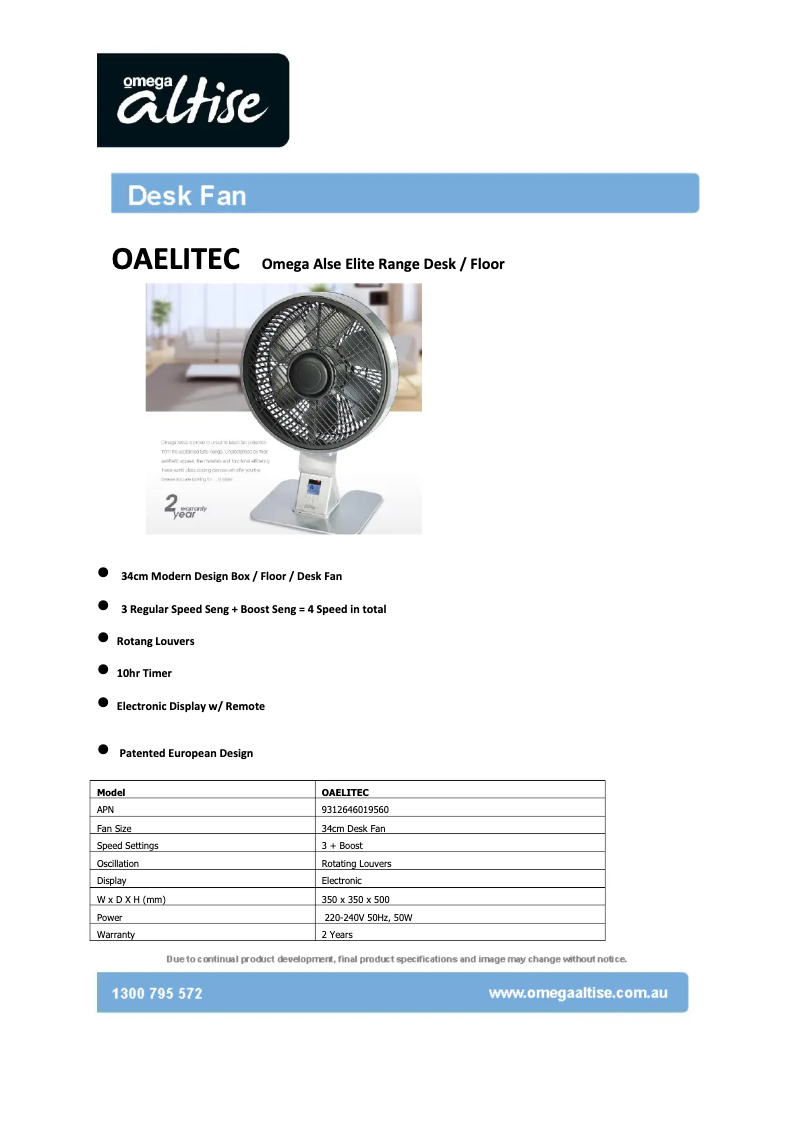 Página 1 del manual Ficha técnica Omega OAELITEC