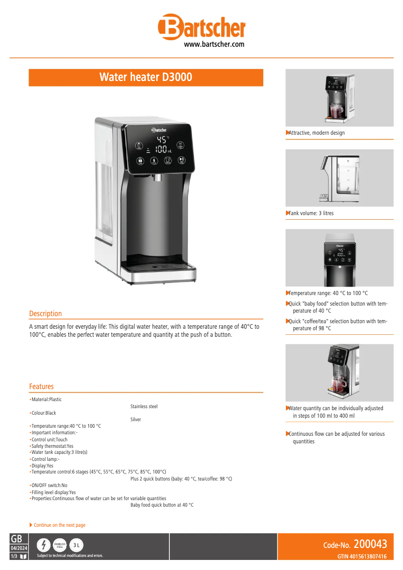 Página 1 del manual Ficha técnica Bartscher D3000