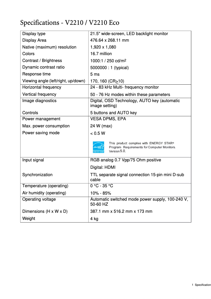 Imagen de la primera página del manual del dispositivo V2210 Eco